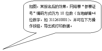 圆角矩形标注: 如图,其报名后的效果,网络赛“参赛证号”编码方式仍为10位数(当地邮编+4位数字,如3112610001),并可在下方操作按钮,导出或打印数据。