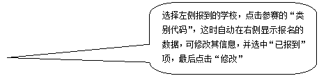 圆角矩形标注: 选择左侧报到的学校,点击参赛的“类别代码”,这时自动在右侧显示报名的数据,可修改其信息,并选中“已报到”项,最后点击“修改”