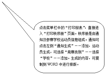 圆角矩形标注: 点击菜单栏中的“打印报表”,直接进入“打印秩序册”页面。秩序册是由通知及参赛学校运动员信息组成。通知可点击左侧“通知生成”——添加,运动员生成,可选择“竞赛类别”——选择“学校”——添加。生成的内容,可复制到WORD中进行排版。