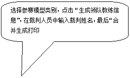 圆角矩形标注: 选择参赛模型类别,点击“生成领队教练信息”,在裁判人员中输入裁判姓名,最后“合并生成打印